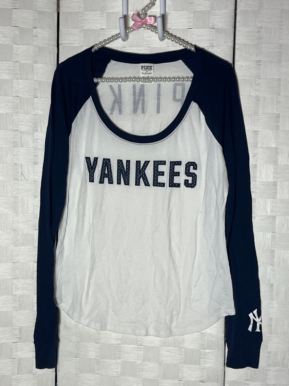 PINK Victoria's Secret Navy & White Yankees Raglan Tee